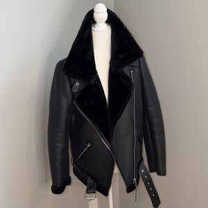 Zara black faux leather double-faced biker jacket
